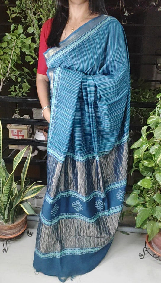 Age-old Vanaspati hand block printed Shaded Green  Maheshwari Silk Saree