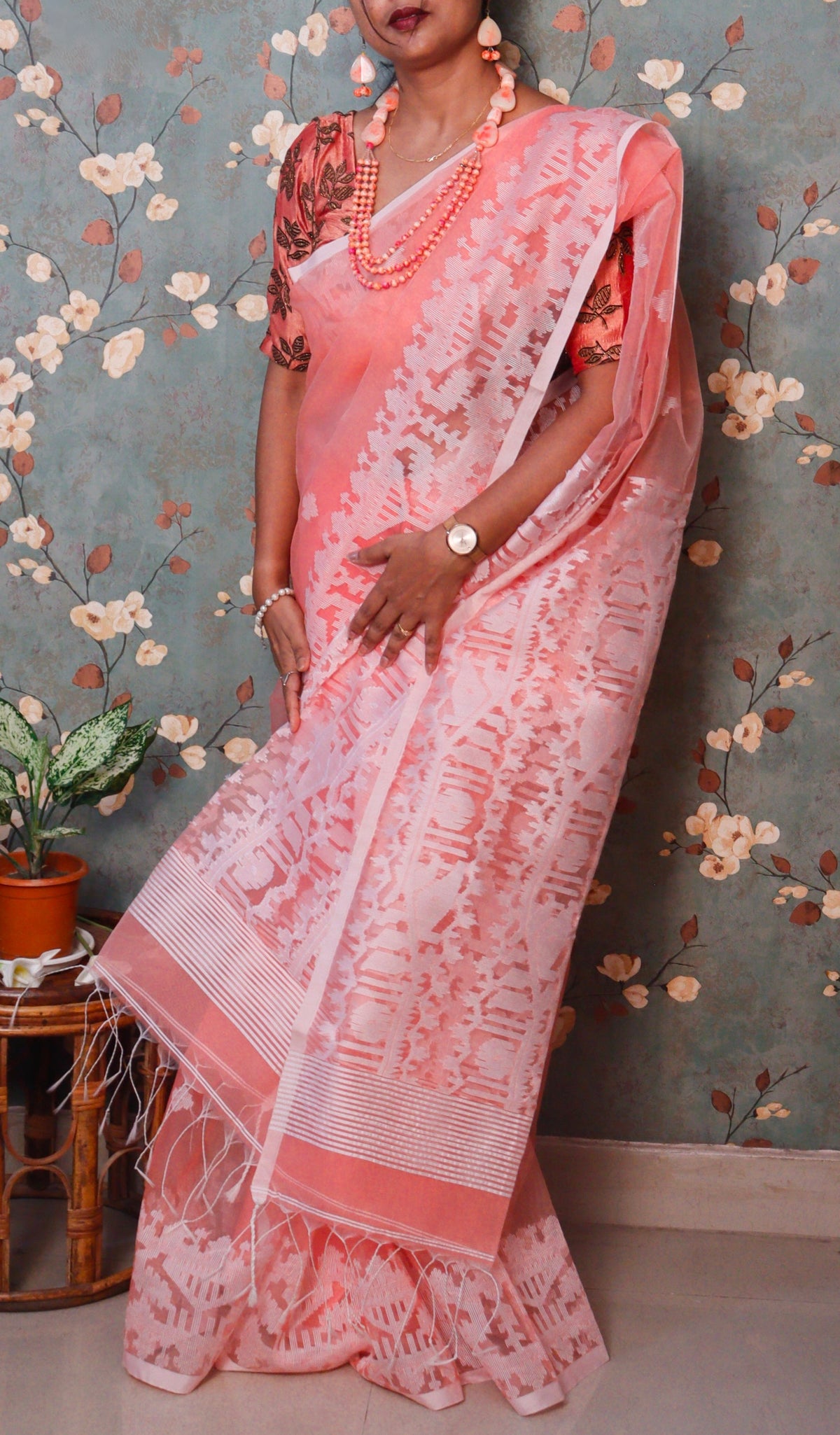 Peach Resham Silk Handloom saree