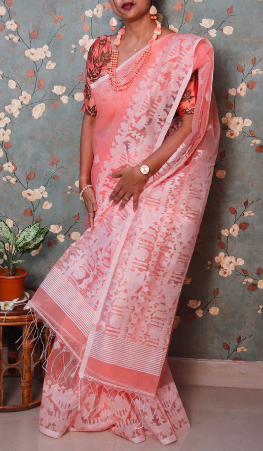 Peach Resham Silk Handloom saree