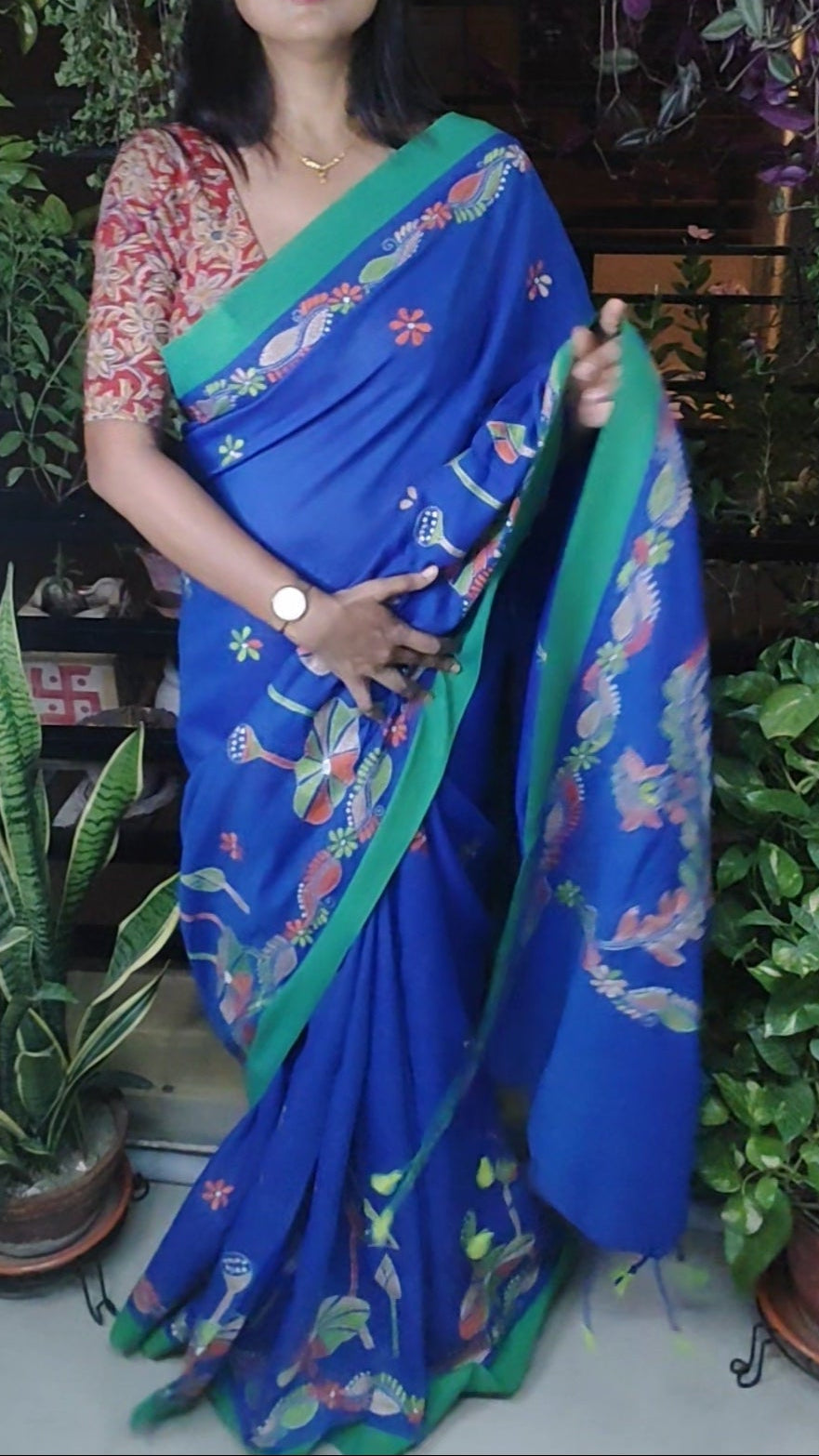 Exclusive Kantha Stitch Done Navy Blue Khadi Cotton Saree