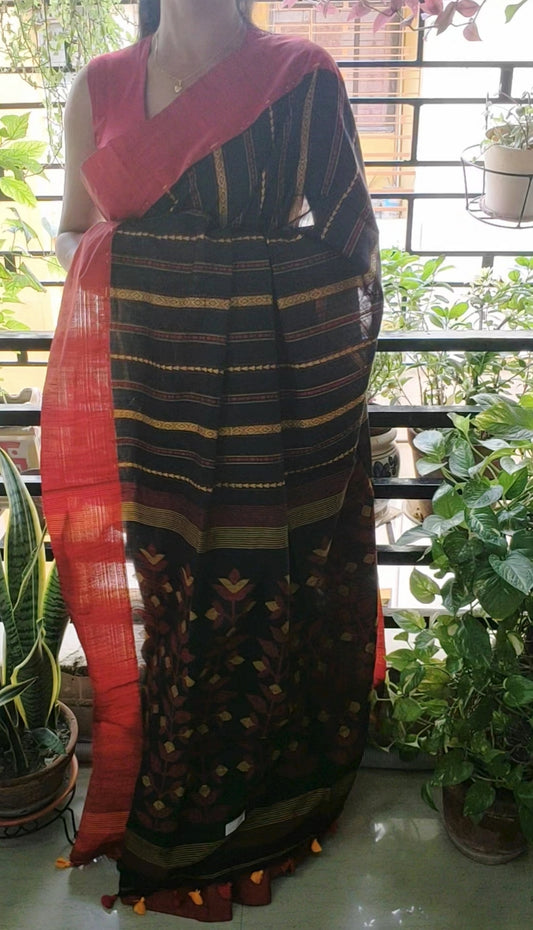 Floral Pallu Eternal Black Khadi Cotton handloom Saree