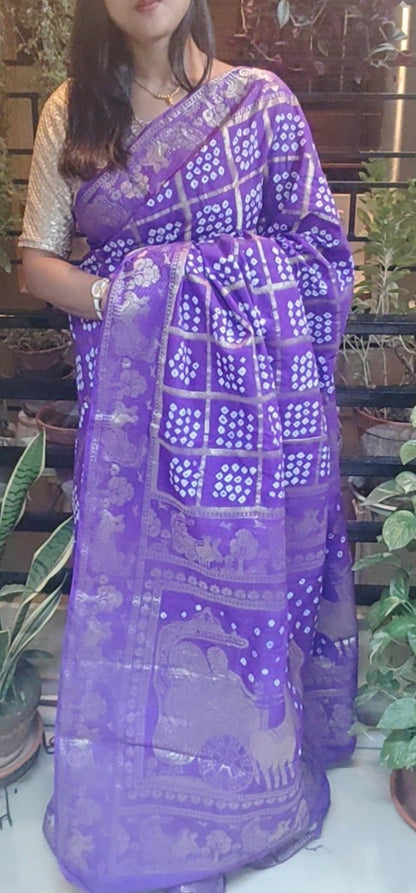 Handmade Gatt Chola Bandhani Banarasi Saree - Purple Dual Tone