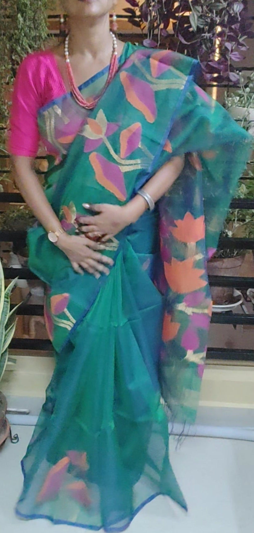 Dual shaded peacock green soft muslin handwoven jamdani