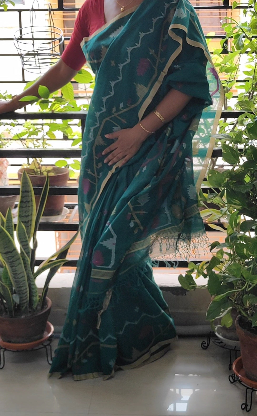 Sea Green Handspun Pure Cotton jamdani Saree