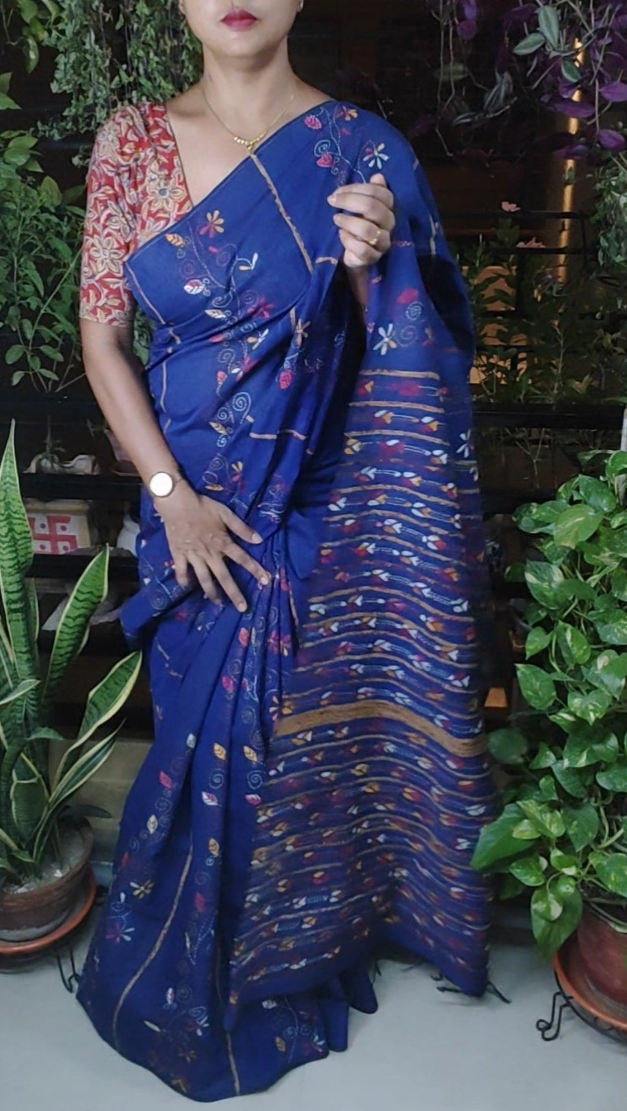 Exclusive Kantha Stitch Done Navy Blue Khesh Cotton Saree