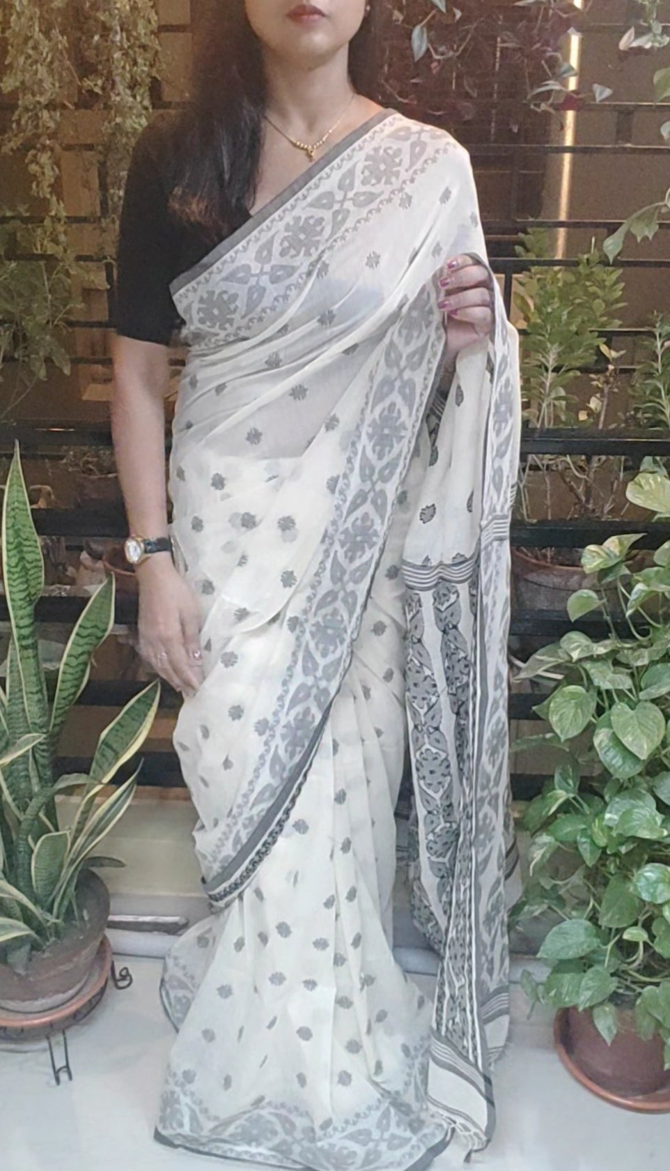 Off-White Soft Cotton Handloom Saree having threaded floral butas done