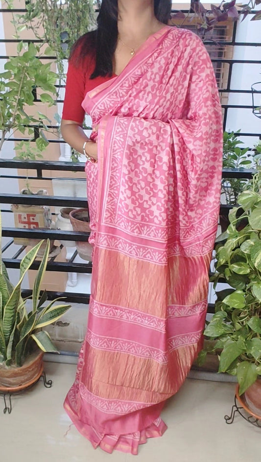 Age-old Vanaspati hand block printed Pink  Maheshwari Silk Saree