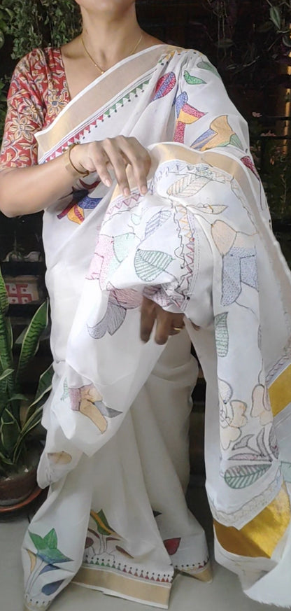 Exclusive Kantha Stitch Done White Kerala Cotton Saree