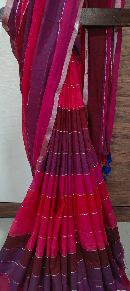 Multi Colored Mul Cotton Silver zari stripped Handloom Saree