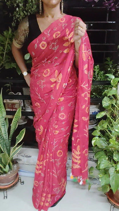 All Over Body Handmade Kantha Stitch Done Red Mul Cotton Saree