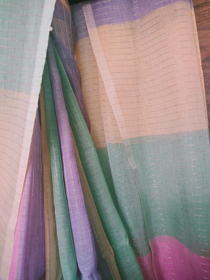 Light Shaded Multicolored Mul Cotton Saree with Zari Strips