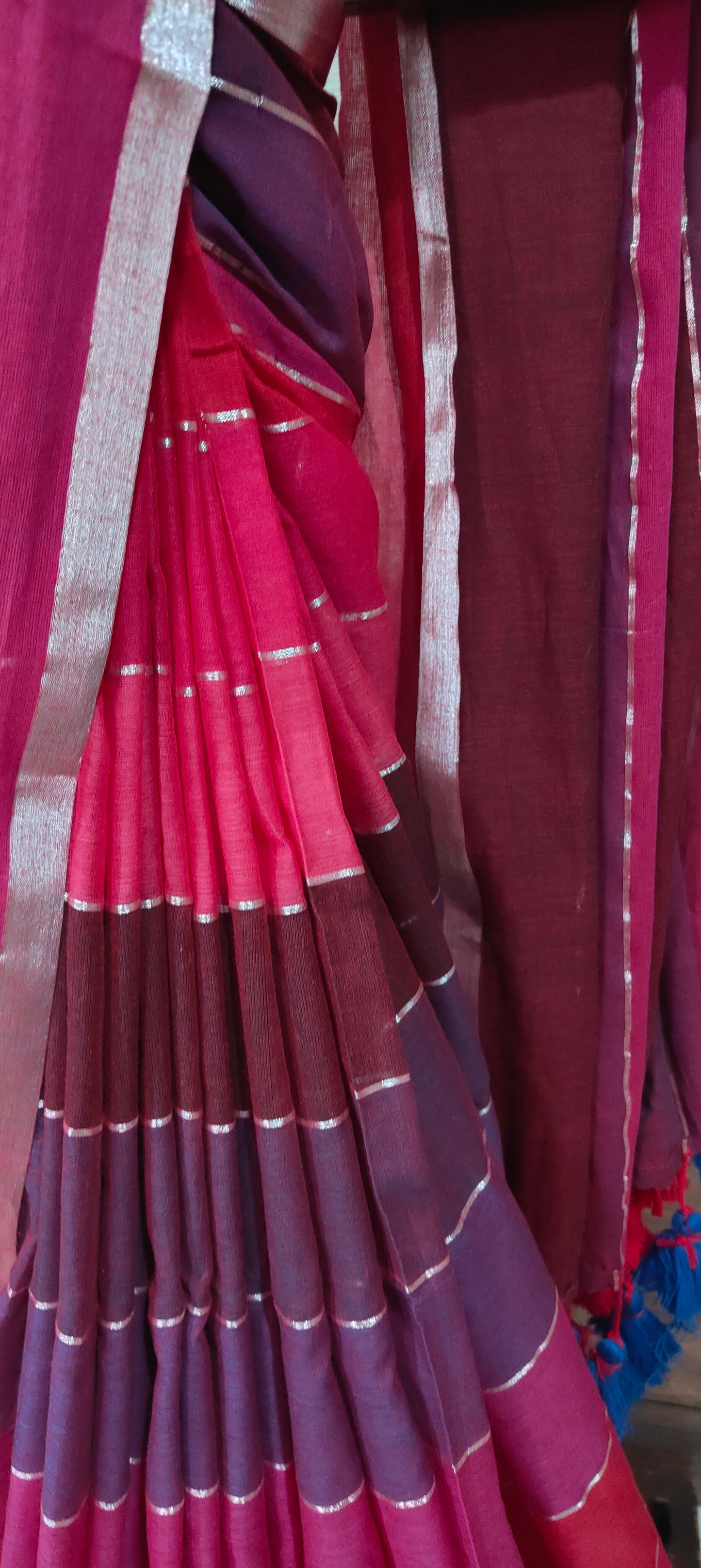 Multi Colored Mul Cotton Silver zari stripped Handloom Saree