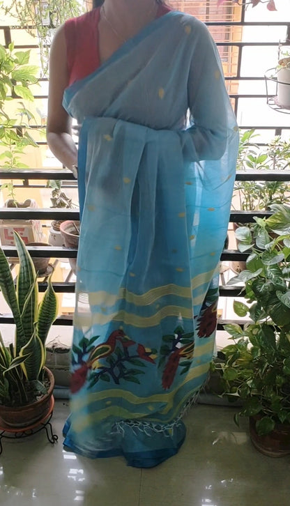 Sky Blue shaded handspun Pure Muslin Cotton handloom Jamdani