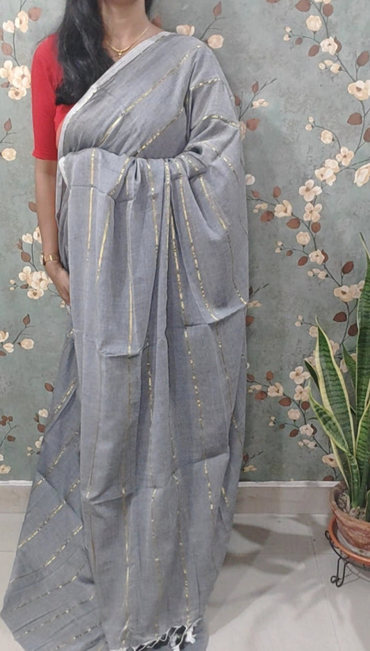 Madirima – Steel Grey Mul Cotton Saree with Antique Zari Stripes