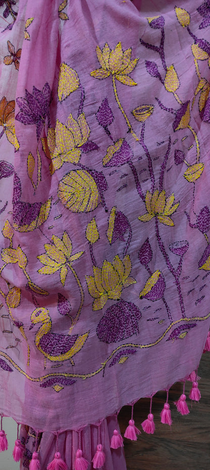 Handmade Kantha Stitch Done Pink Mul Cotton Saree - S036