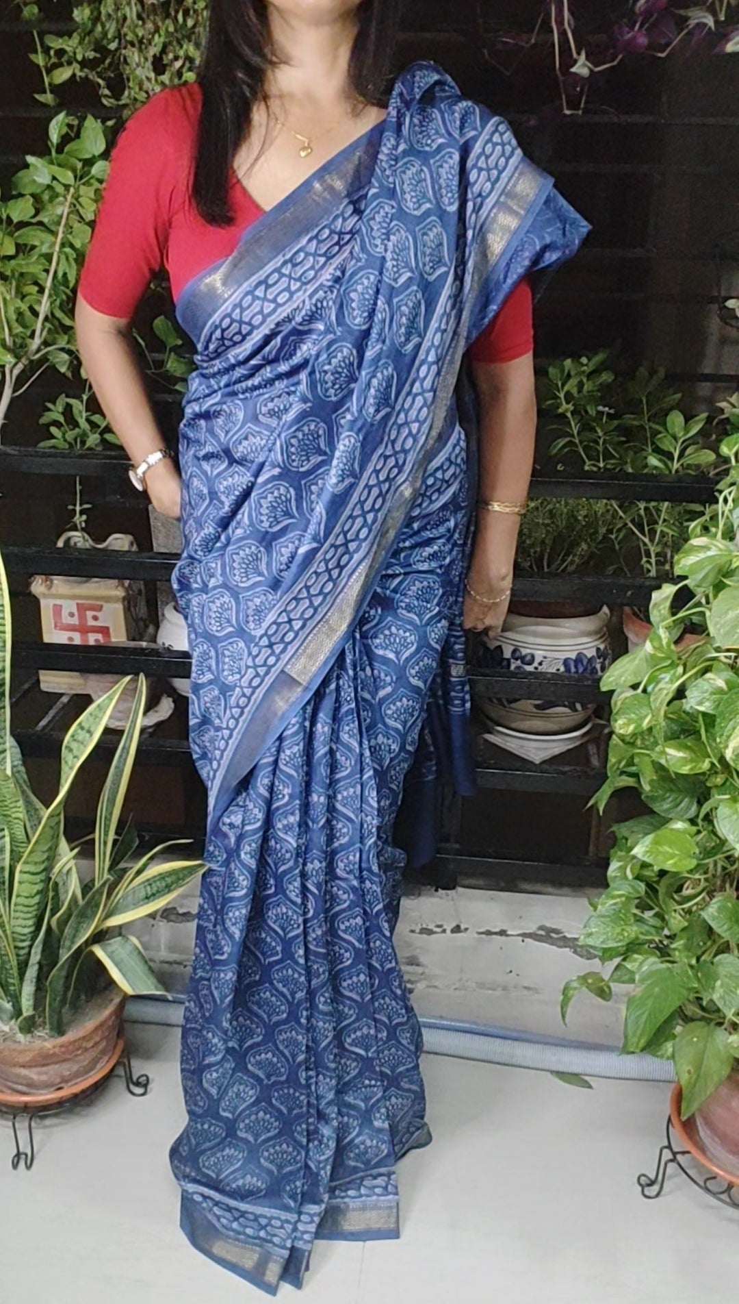 Age-old Vanaspati hand block printed Sandy Blue Traditional Maheshwari Silk Saree