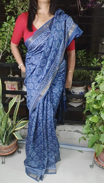 Age-old Vanaspati hand block printed Sandy Blue Traditional Maheshwari Silk Saree