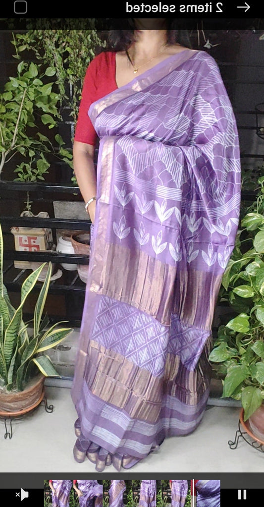Age-old  Shibori hand block printed Mauve traditional Maheshwari Silk Saree