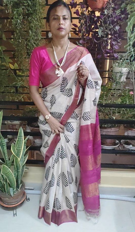 Hand Block Printed Off-white Rich Tussar Silk saree
