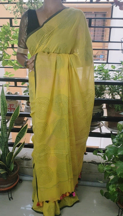 Handmade Kantha Stitch Done Yellow Mulmul Cotton Saree