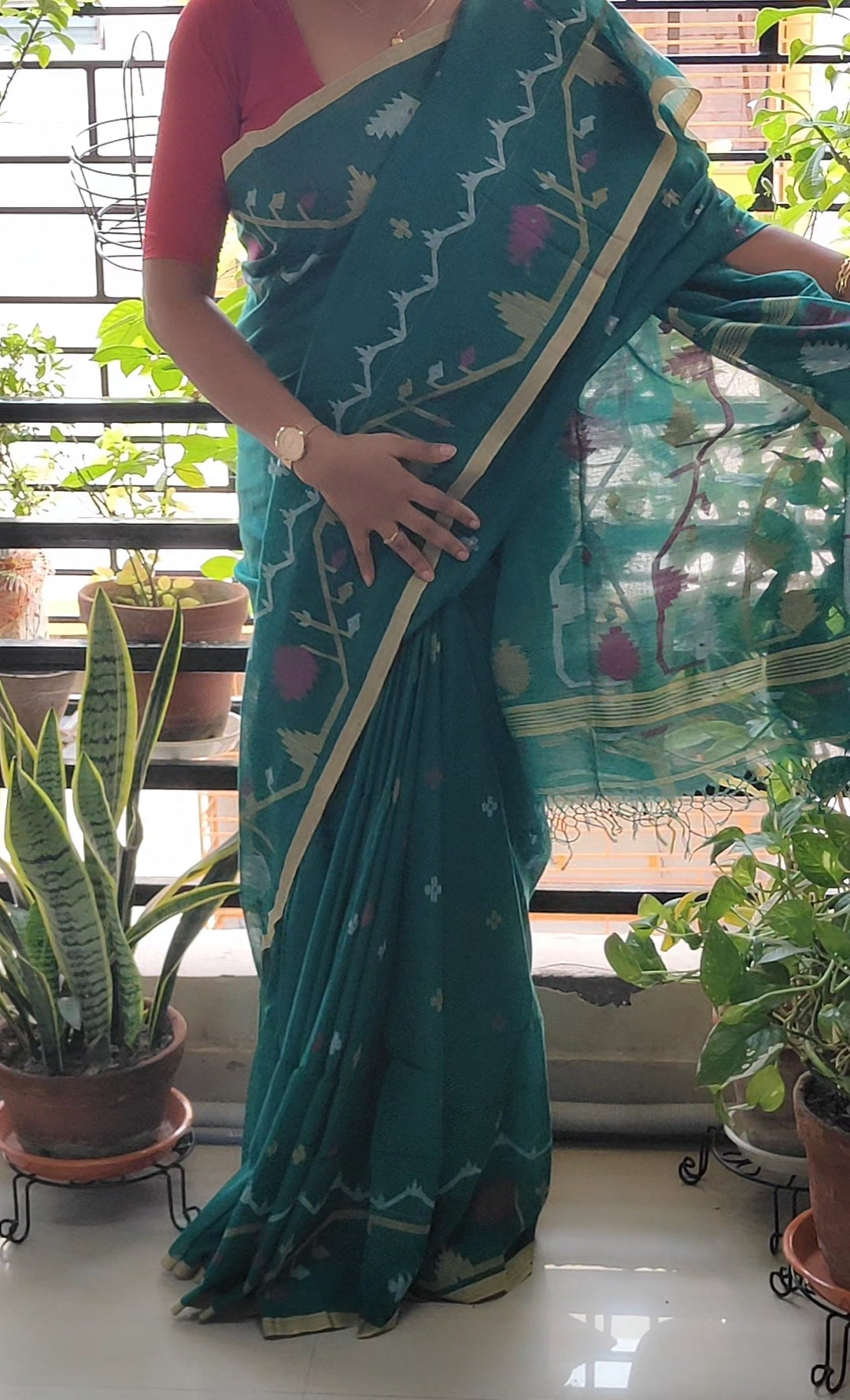 Sea Green Handspun Pure Cotton jamdani Saree