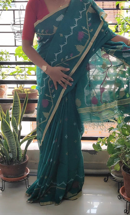 Sea Green Handspun Pure Cotton jamdani Saree