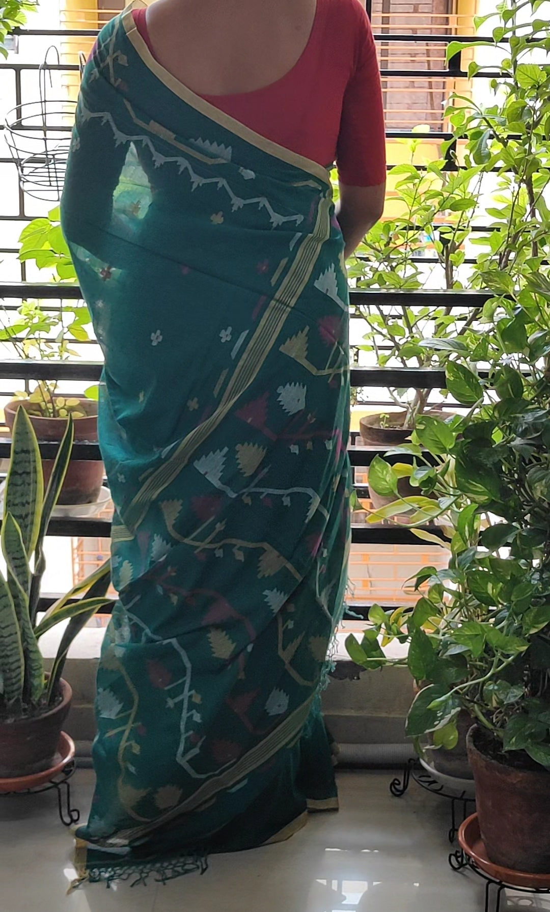Sea Green Handspun Pure Cotton jamdani Saree