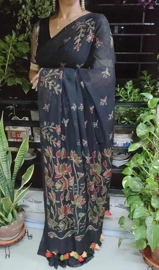 Handmade Kantha Stitch Done Black Mul Cotton Saree