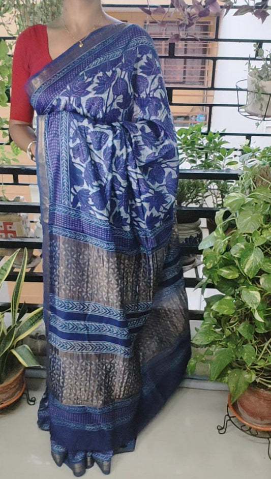 Age-old Vanaspati hand block printed Blue  Maheshwari Silk Saree