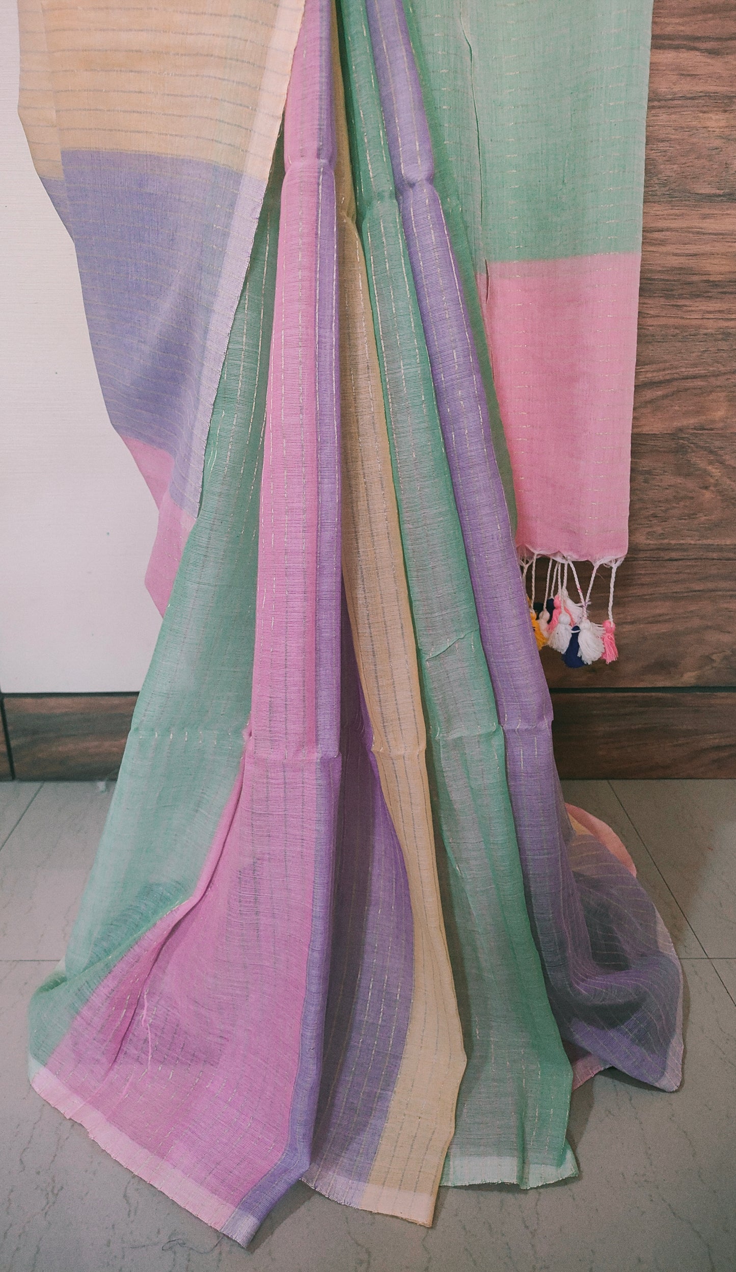 Light Shaded Multicolored Mul Cotton Saree with Zari Strips