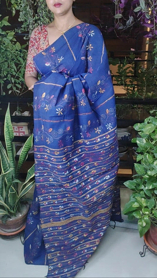 Exclusive Kantha Stitch Done Navy Blue Khesh Cotton Saree