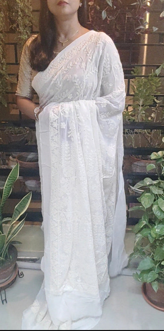 White Lucknowi Chikankari Saree With Sequin Embellishments