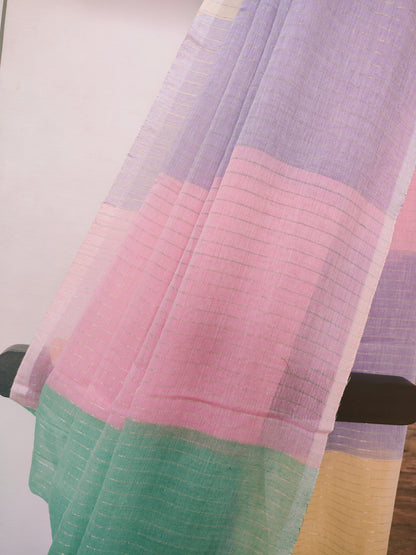 Light Shaded Multicolored Mul Cotton Saree with Zari Strips