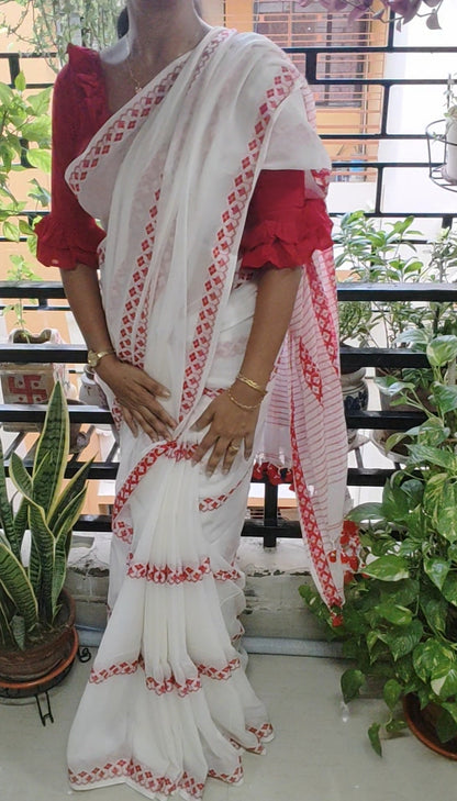 Red thread work done White fine Mulmul Cotton Handloom Saree