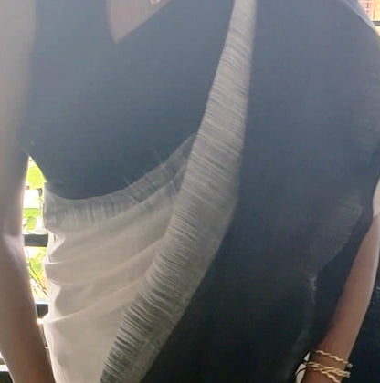 White Linen Cotton Ikkat blended plain black border Saree