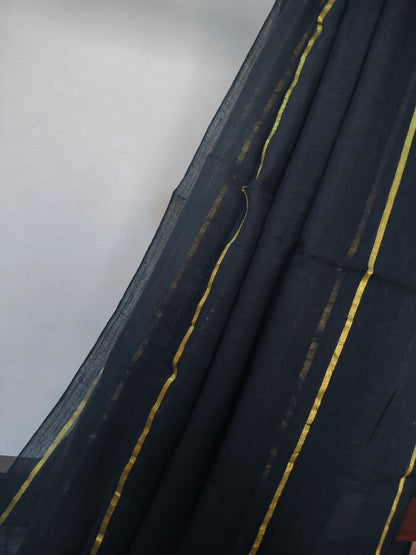 Eternal Black Mul Cotton single color zari stripped Saree