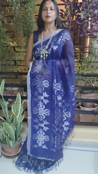 Navy Blue With Silver Zari Worked Beautiful Linen Handloom Saree