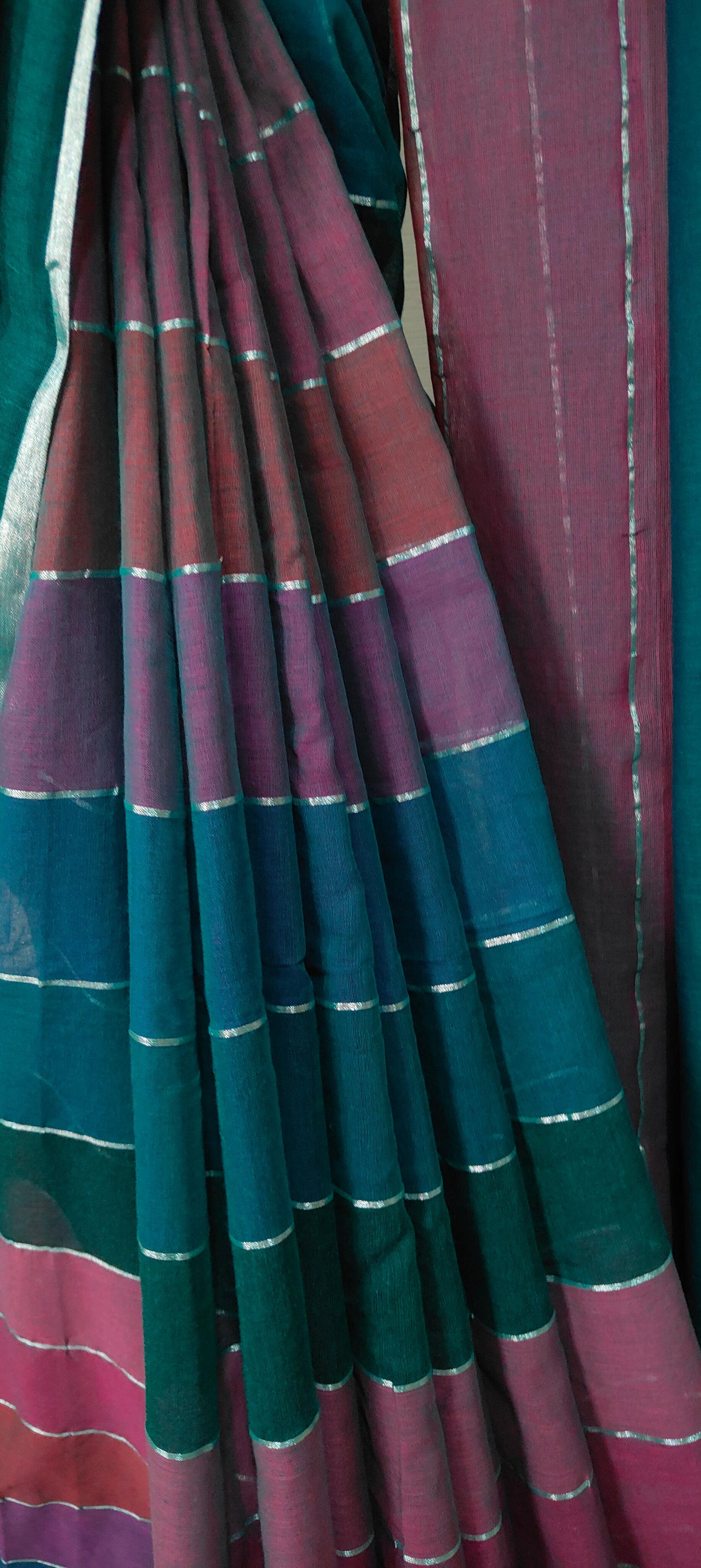 Green based Multi Colored Mul Cotton Silver zari stripped Handloom Saree