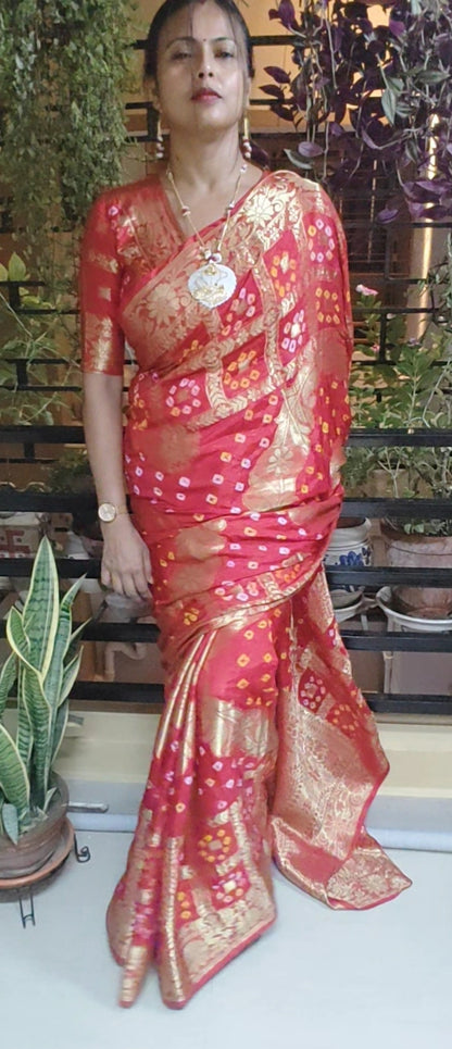 Handmade Gatt Chola Bandhani Banarasi Saree - Red