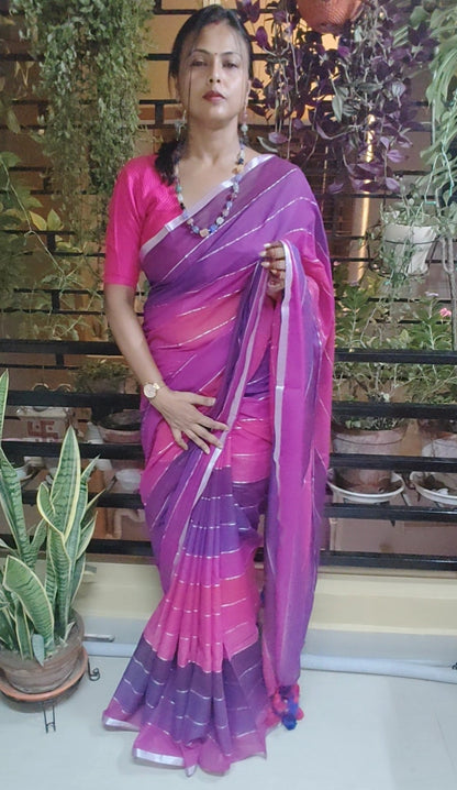 Pink based Multicolored Mul Cotton Silver zari stripped Handloom Saree