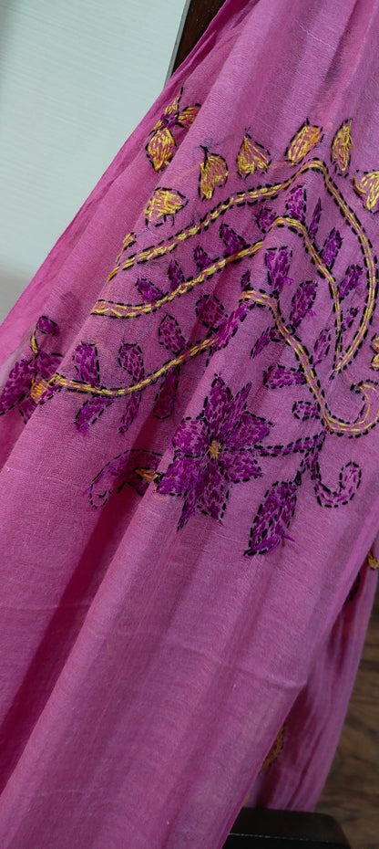 Handmade Kantha Stitch Done Pink Mul Cotton Saree - S036