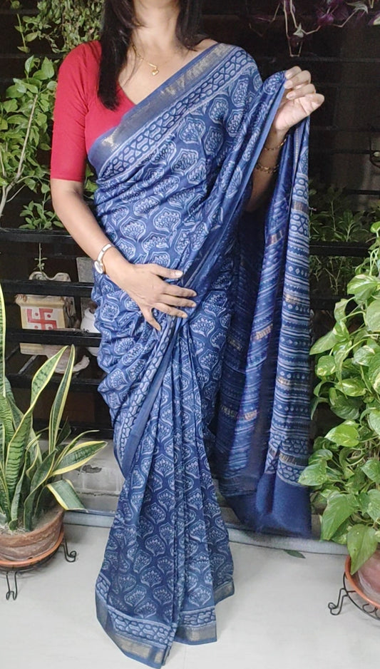 Age-old Vanaspati hand block printed Sandy Blue Traditional Maheshwari Silk Saree