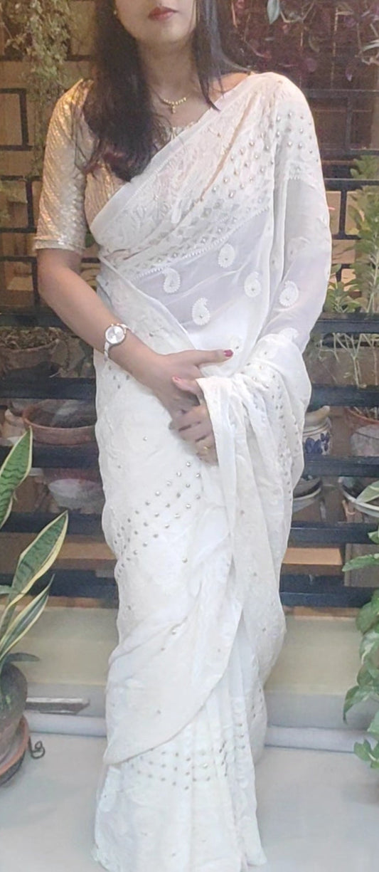 Metalic Golden work done exclusive lucknowi Chikankari White Chiffon Saree