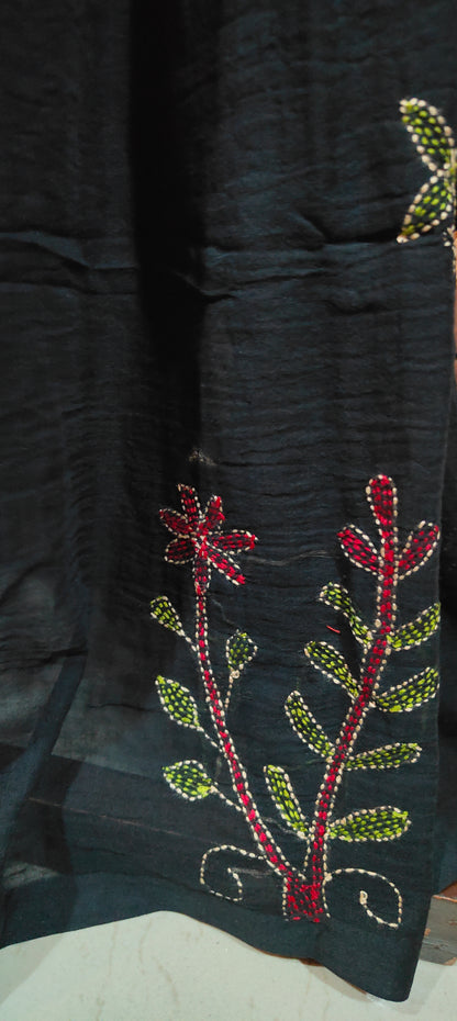 Handmade Kantha Stitch Done Black Mul Cotton Saree