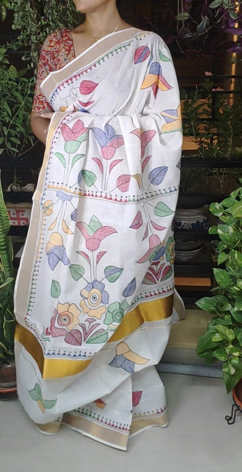 Exclusive Kantha Stitch Done White Kerala Cotton Saree