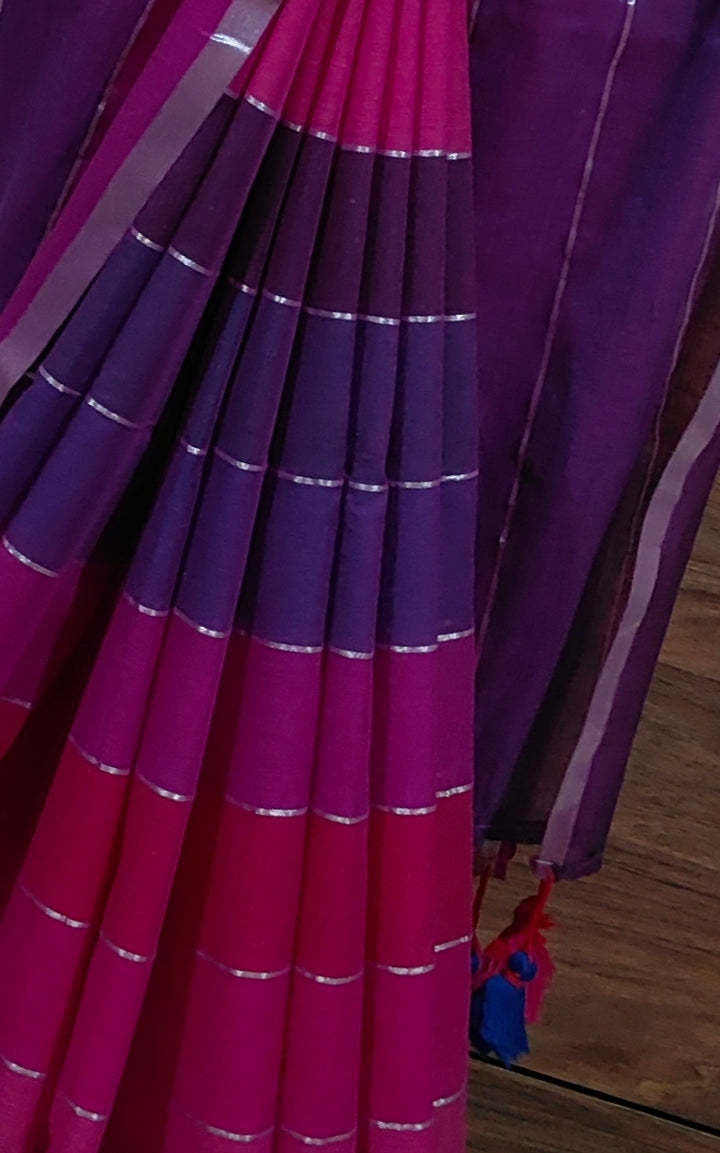 Pink based Multicolored Mul Cotton Silver zari stripped Handloom Saree