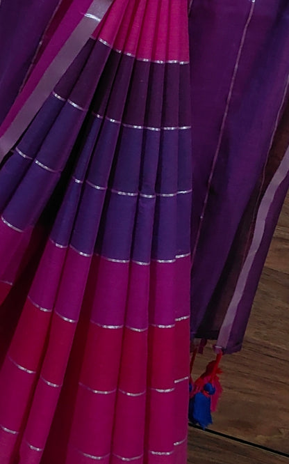 Pink based Multicolored Mul Cotton Silver zari stripped Handloom Saree