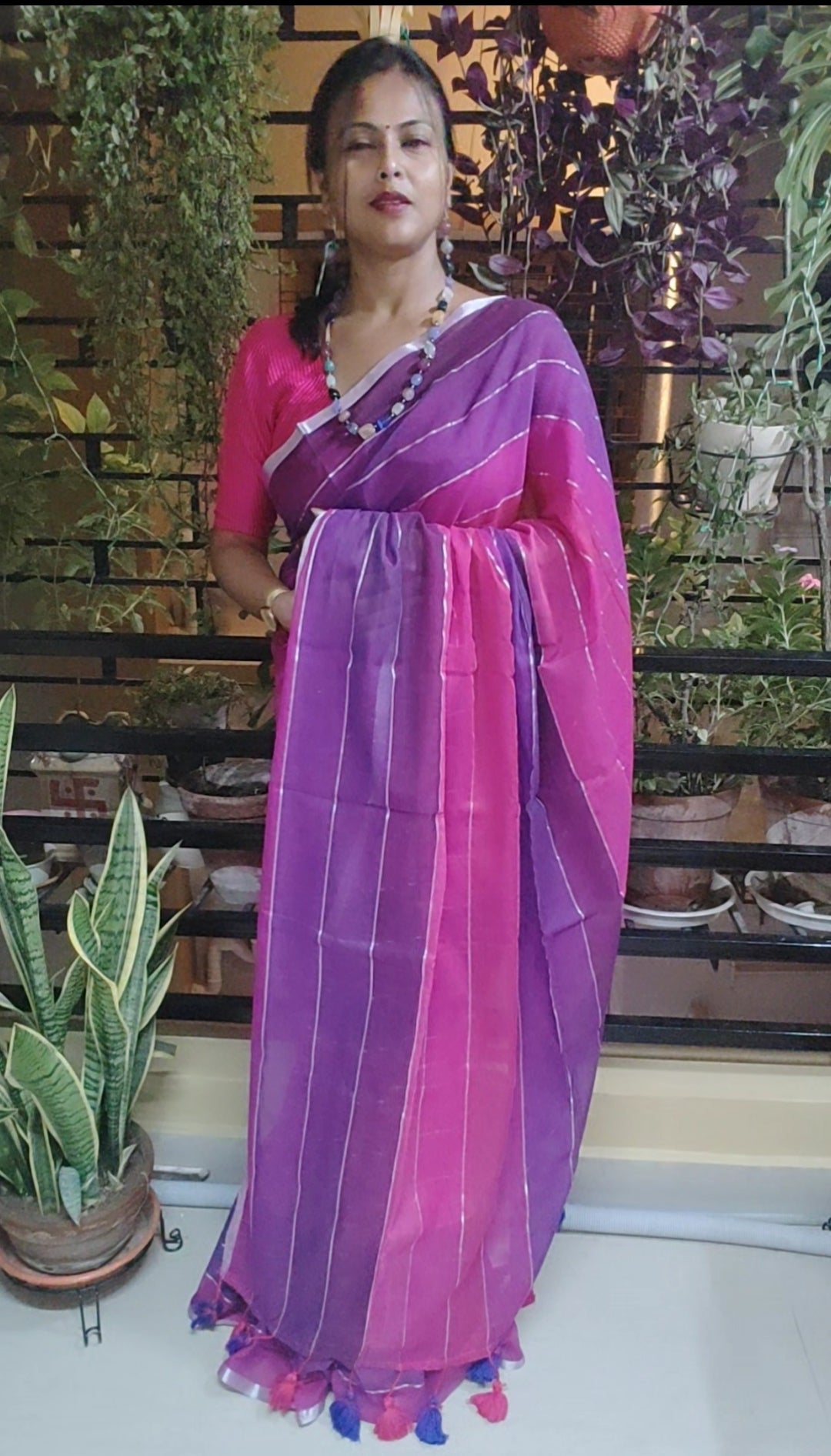 Pink based Multicolored Mul Cotton Silver zari stripped Handloom Saree