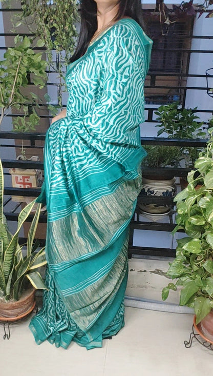 Age-old Vanaspati hand block printed Rama Green  Maheshwari Silk Saree