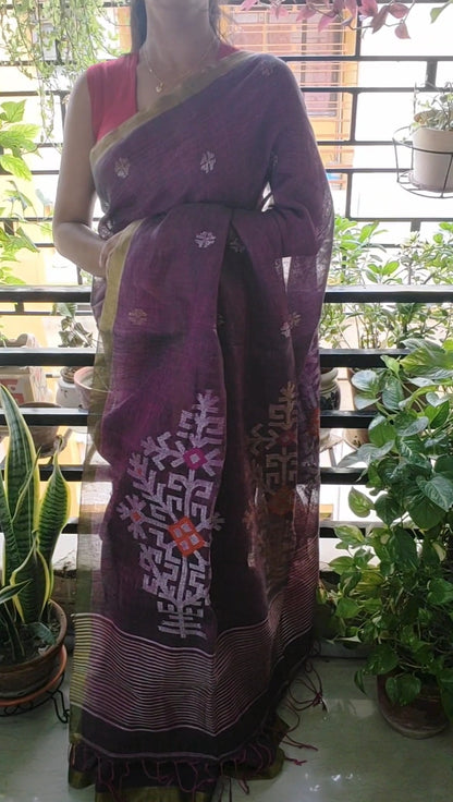 Soft Handloom Violet shaded Linen saree Having Silver Zari Motif Done